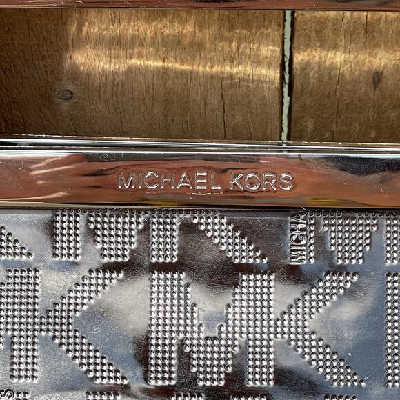 Michael Kors Nickel Monogram Berkeley Clutch Purse Metallic Patent Leather Bag - Picture 3 of 8